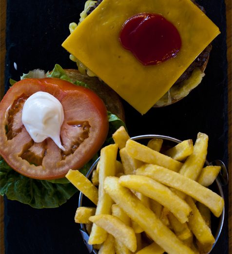 Harbourmaster Beef Burger with Cheese on a Buttery Brioche Bun and Fries