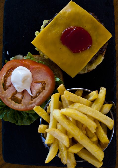 Harbourmaster Beef Burger with Cheese on a Buttery Brioche Bun and Fries