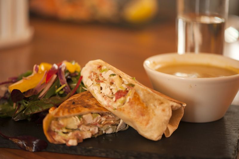 Chicken and Bacon Caesar Wrap with Homemade Cream Soup of the Day
