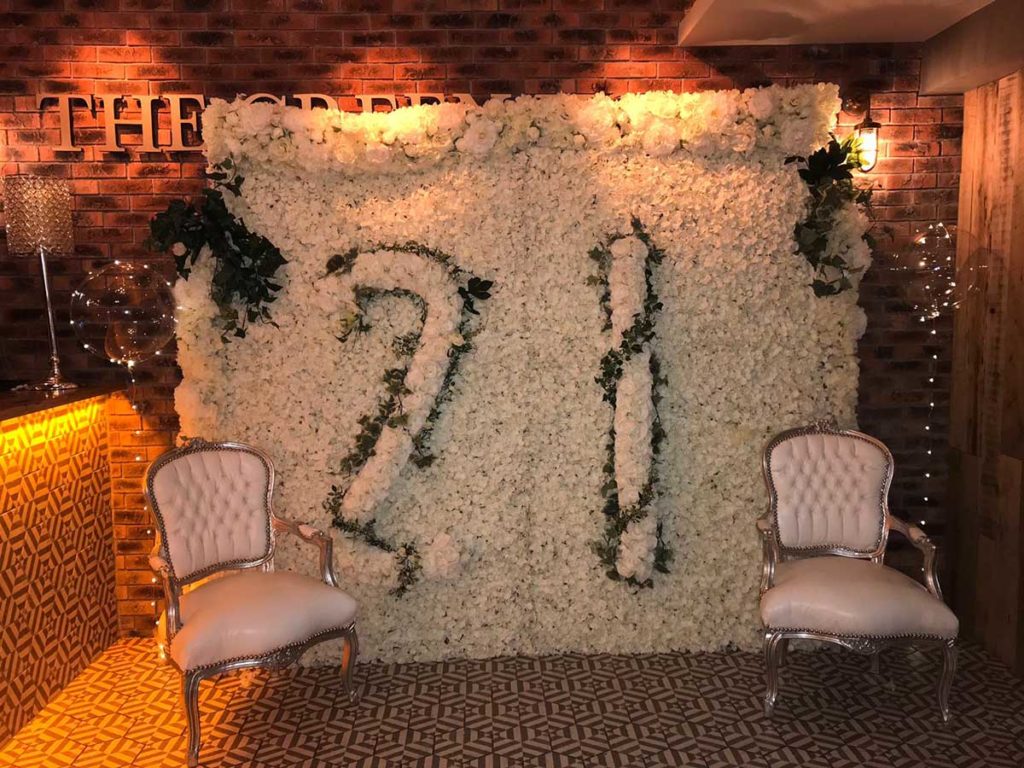 21st backdrop with flowers in the Greenhouse