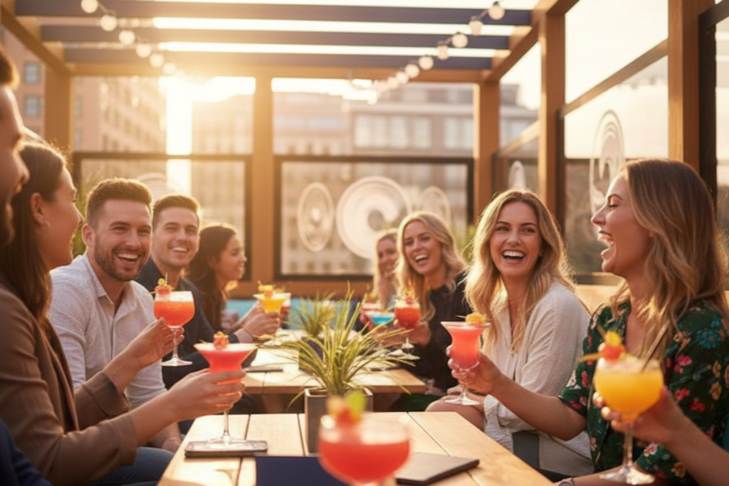 Harbourmaster beer garden with people drinking cocktails